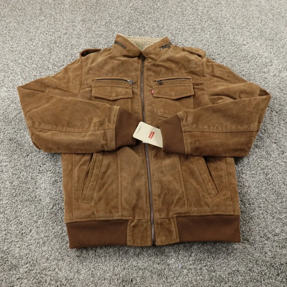 NEW Levis Jacket Mens S Brown Sherpa Lined Faux Suede Trucker Bomber Work Coat - Picture 2 of 13